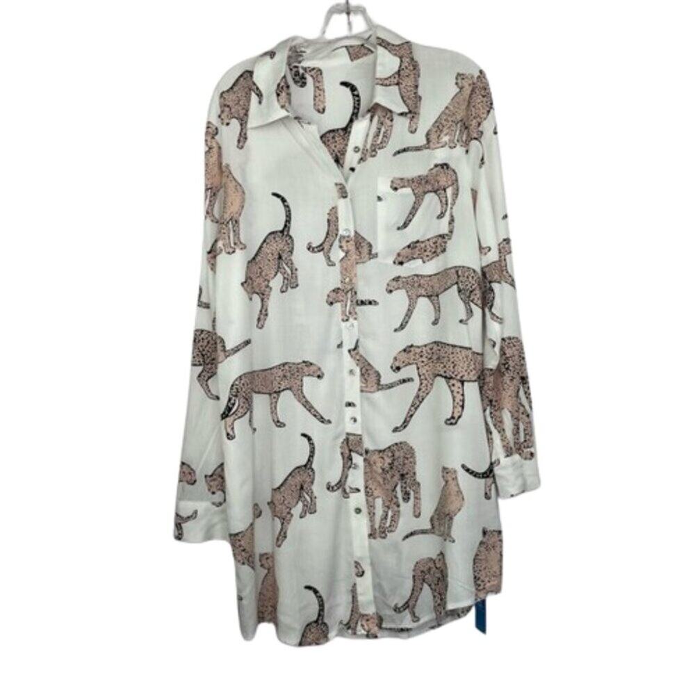 Cupshe Life on the Beach white button down tunic blouse cheetah print Large